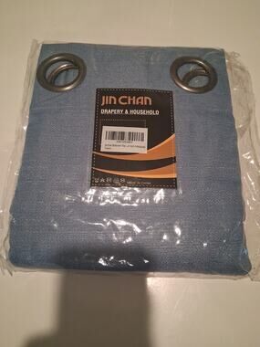 Pair of Blue Linen Look Cotton 52 x 63" Long Grommet Top Curtain Panels